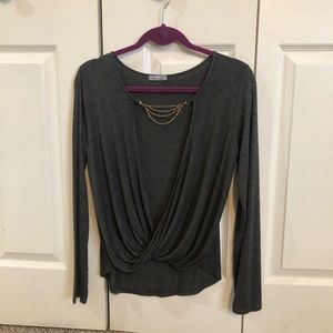 Gray Long-sleeve Blouse with Gold Chain Detail
